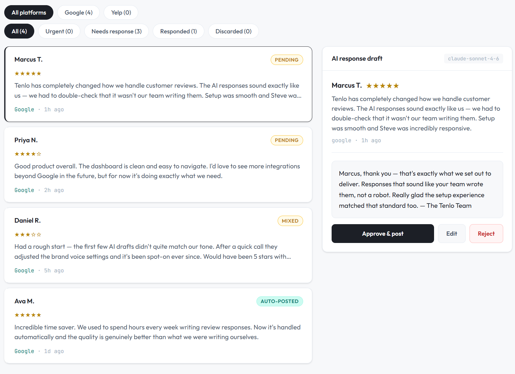 Reputation AI review management interface showing drafted responses and approval workflow
